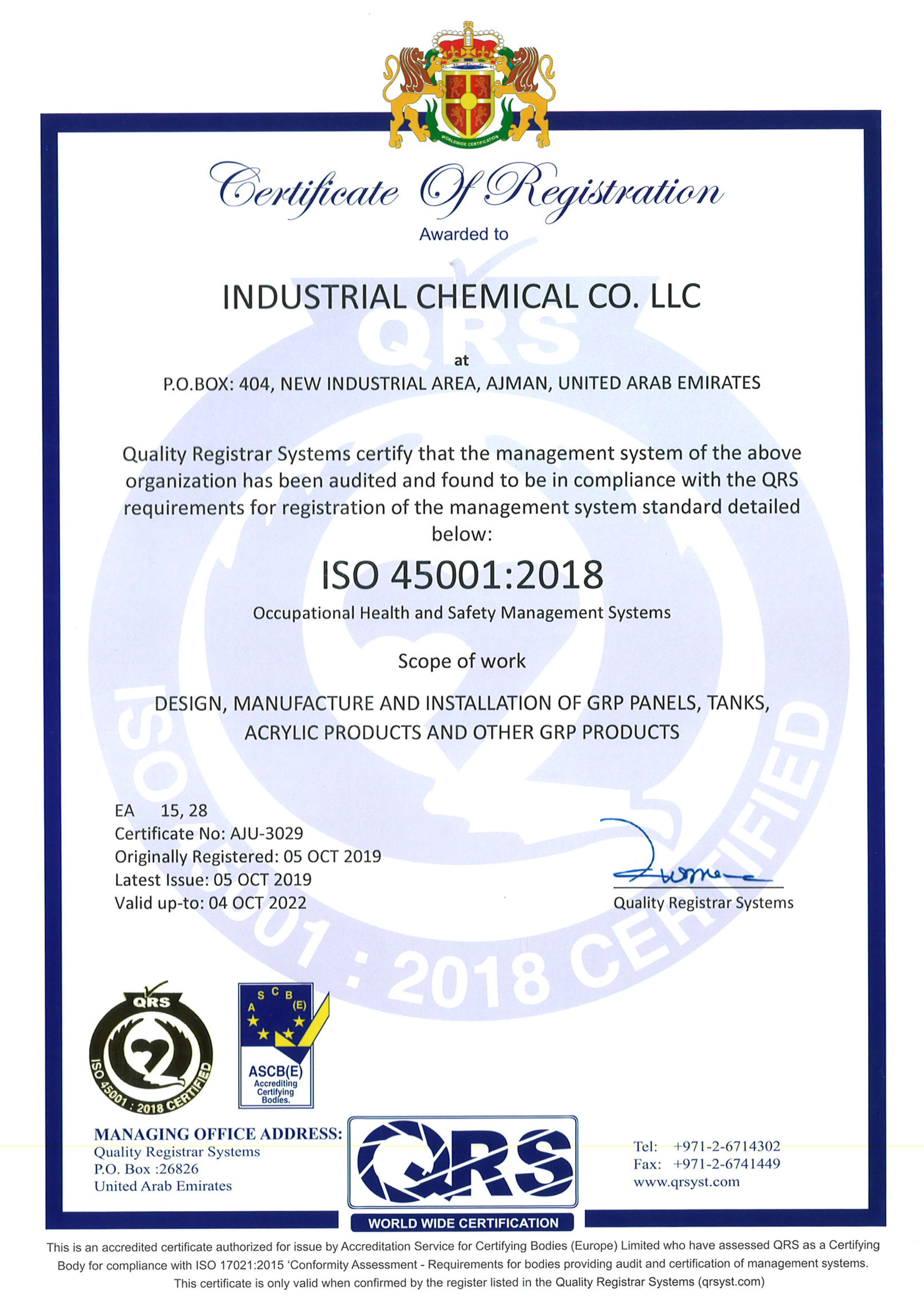 Speed House Group GRP ISO 45001 Certificate