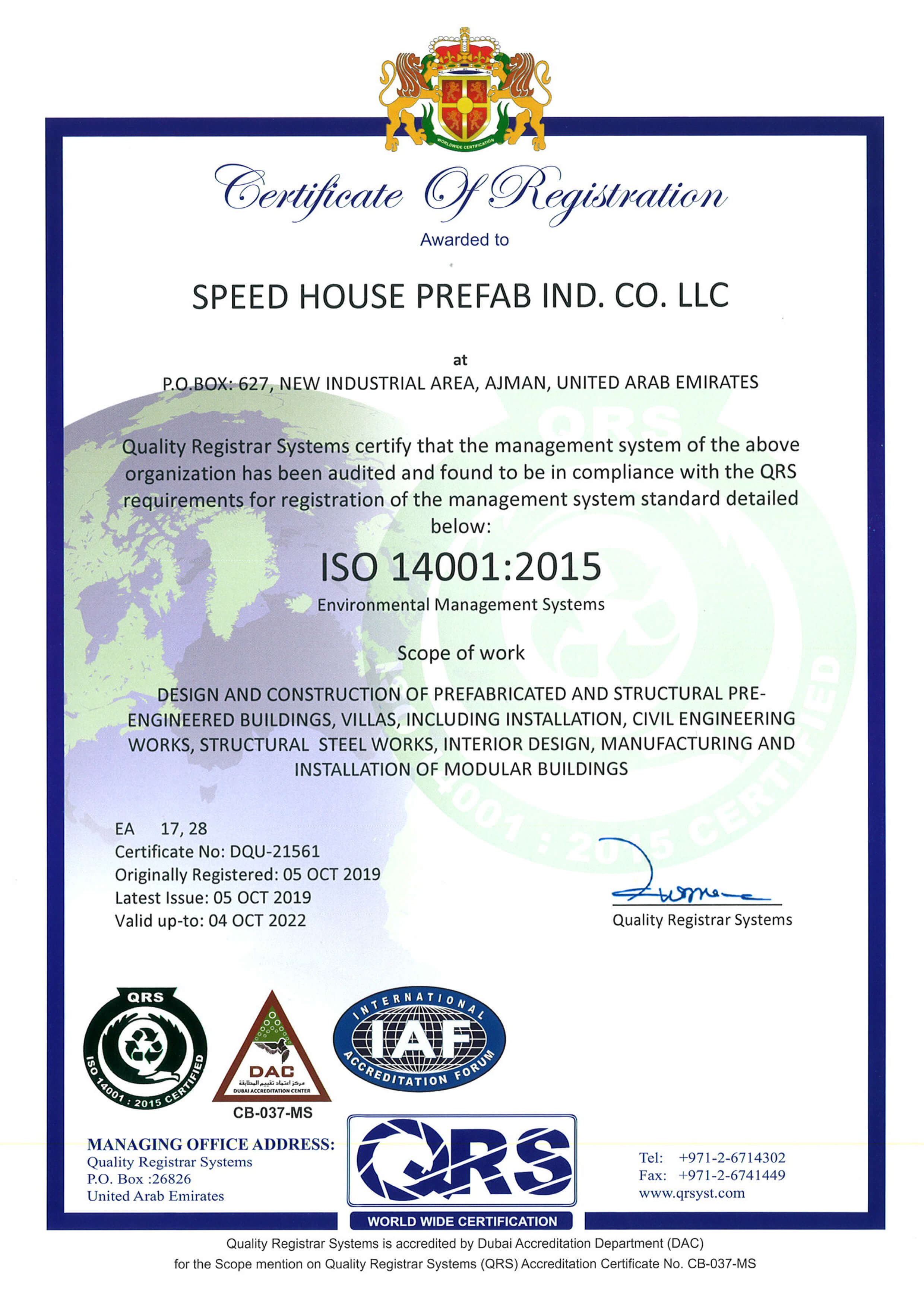 Speed House Group Prefab ISO 14001 Certificate