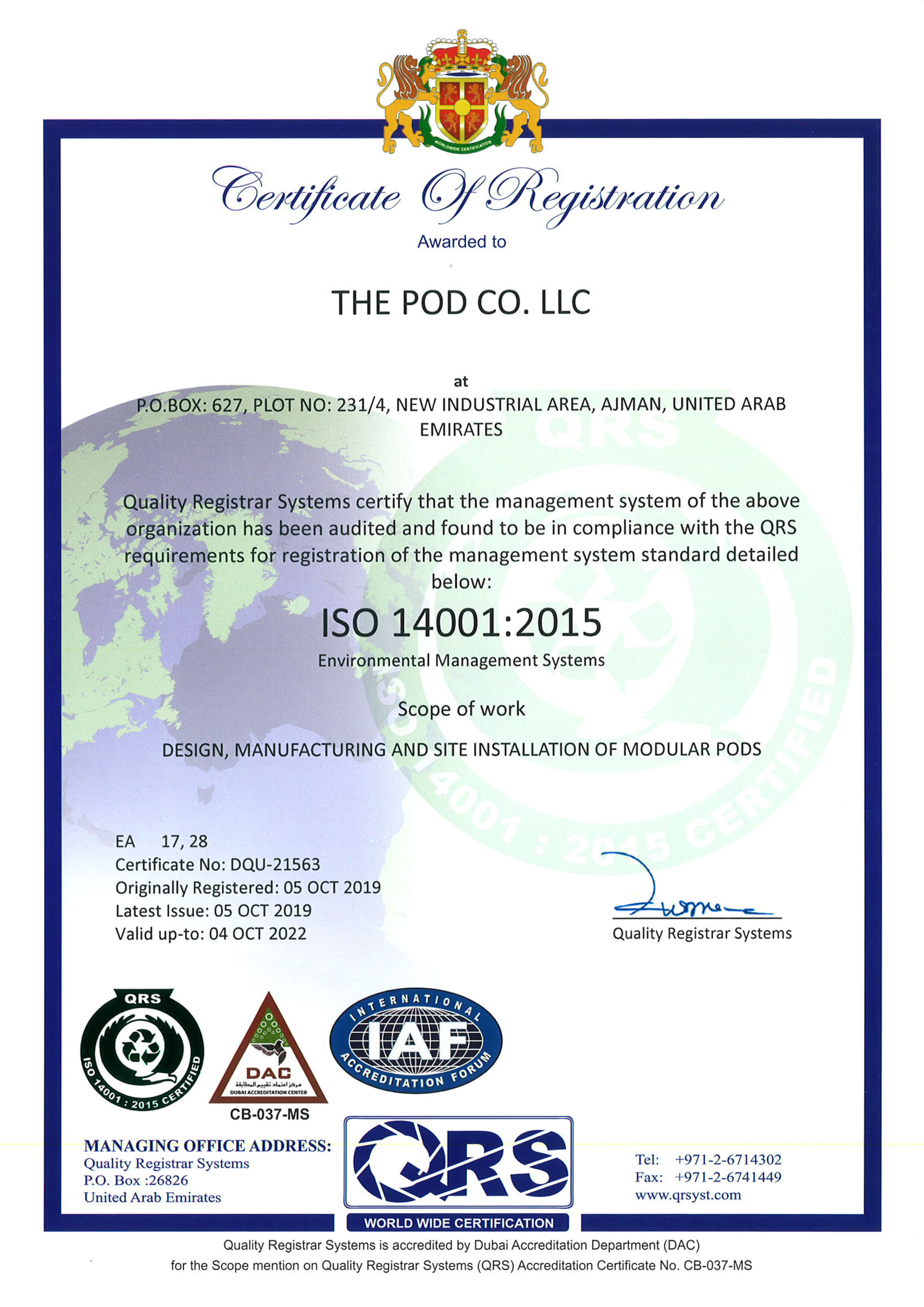 Speed House Group Pod ISO 14001 Certificate