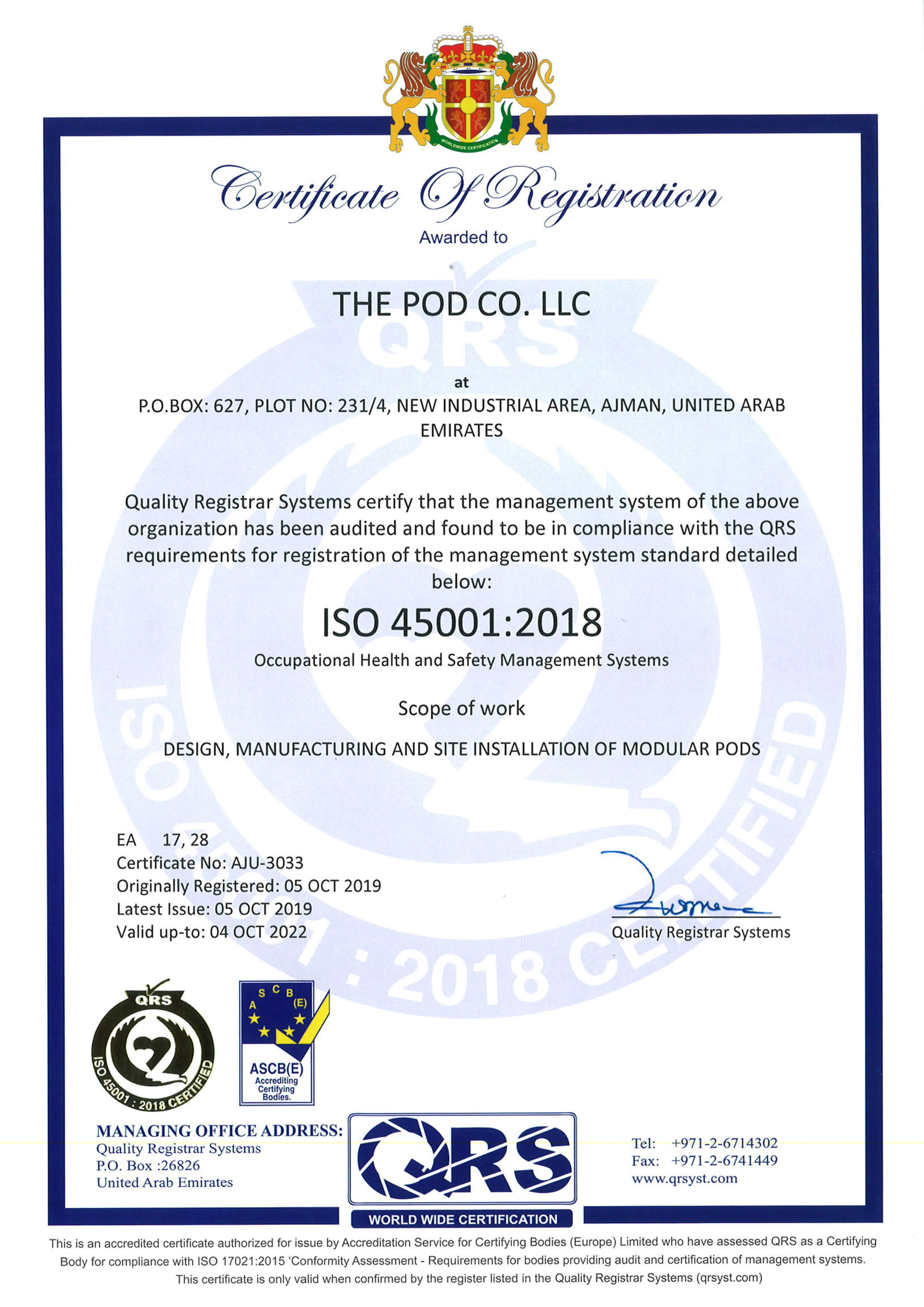 Speed House Group Pod ISO 45001 Certificate