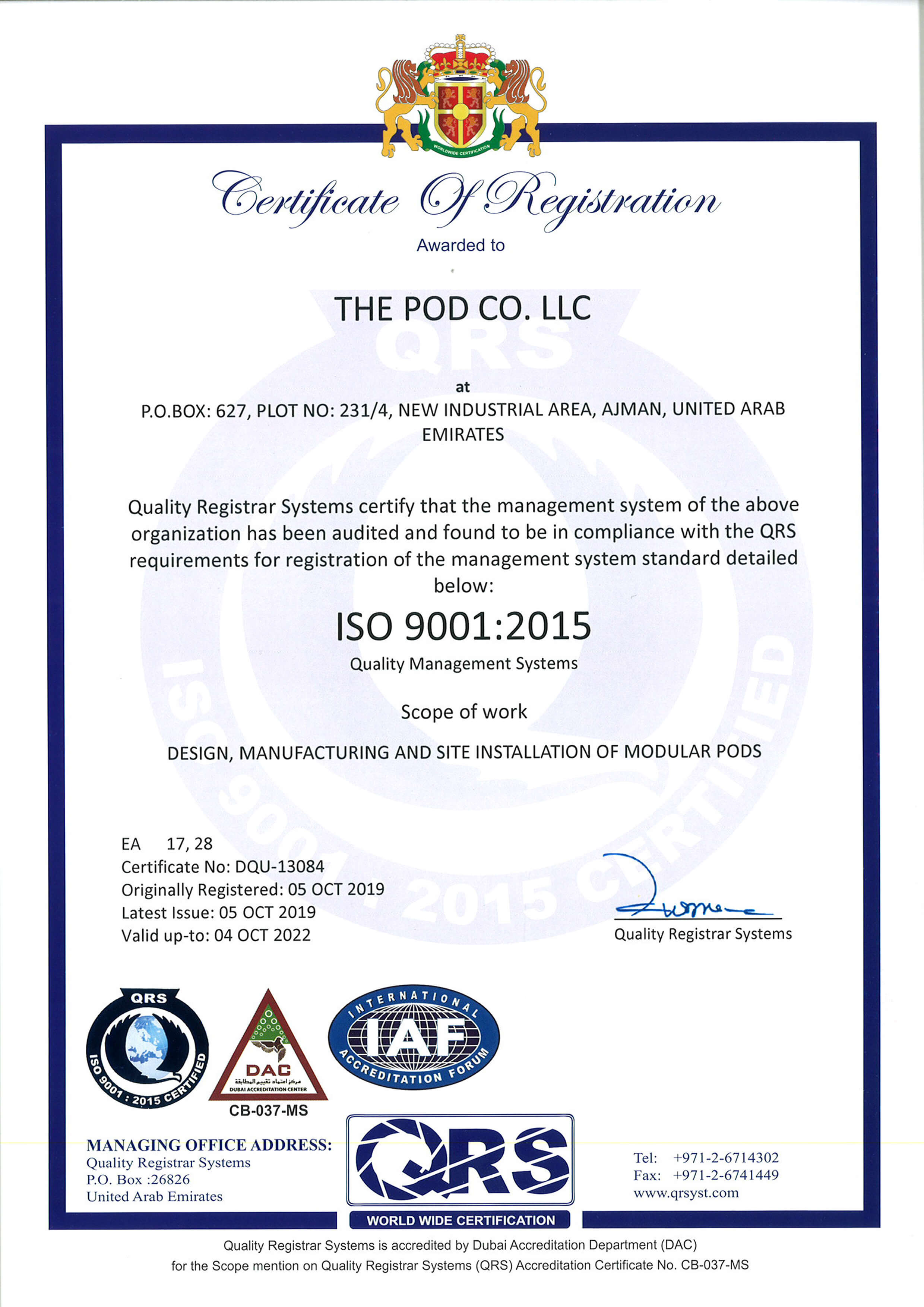 Speed House Group Pod ISO 9001 Certificate